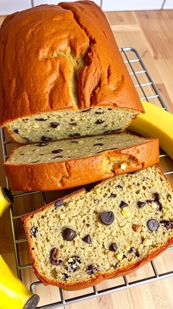 A loaf of banana bread with chocolate chips and walnuts, sliced and cooling on a rack, with bananas in the background.